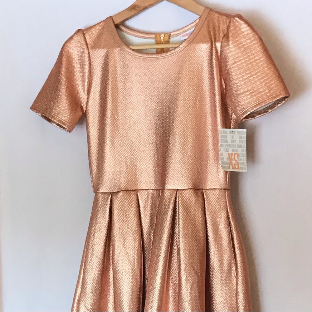 Metallic Rose Gold Short Sleeve Fit-and-Flare Dress